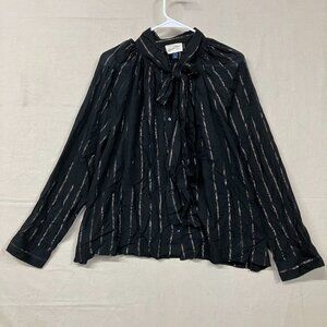NWT Universal Thread Women's Large Blouse Top Black Striped Tie Neck Long Sleeve